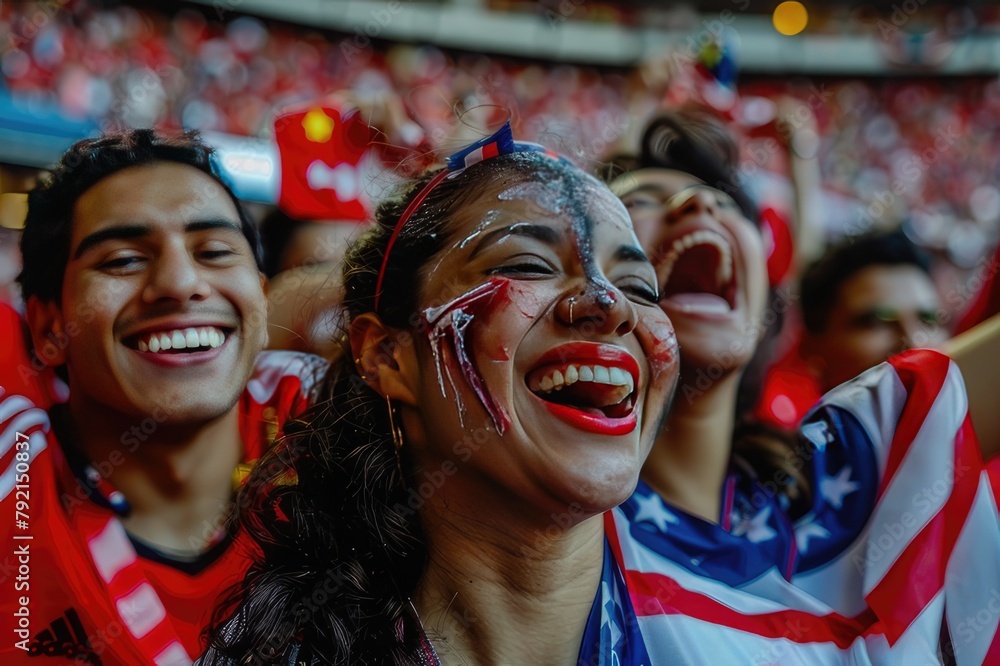 portrait of a cheering American female fan with a smeared American flag pattern on her face