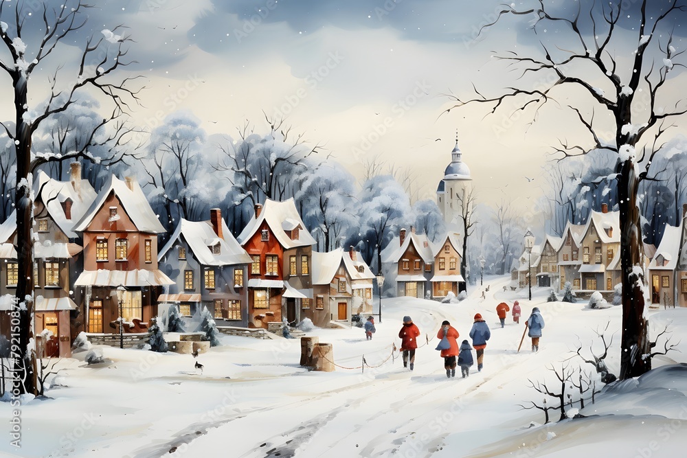 Winter village panorama with snow covered houses and trees in the foreground