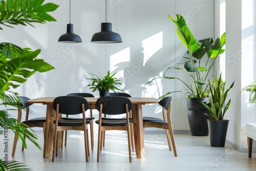 Room With Table, Chairs, Plants, and Potted Plants