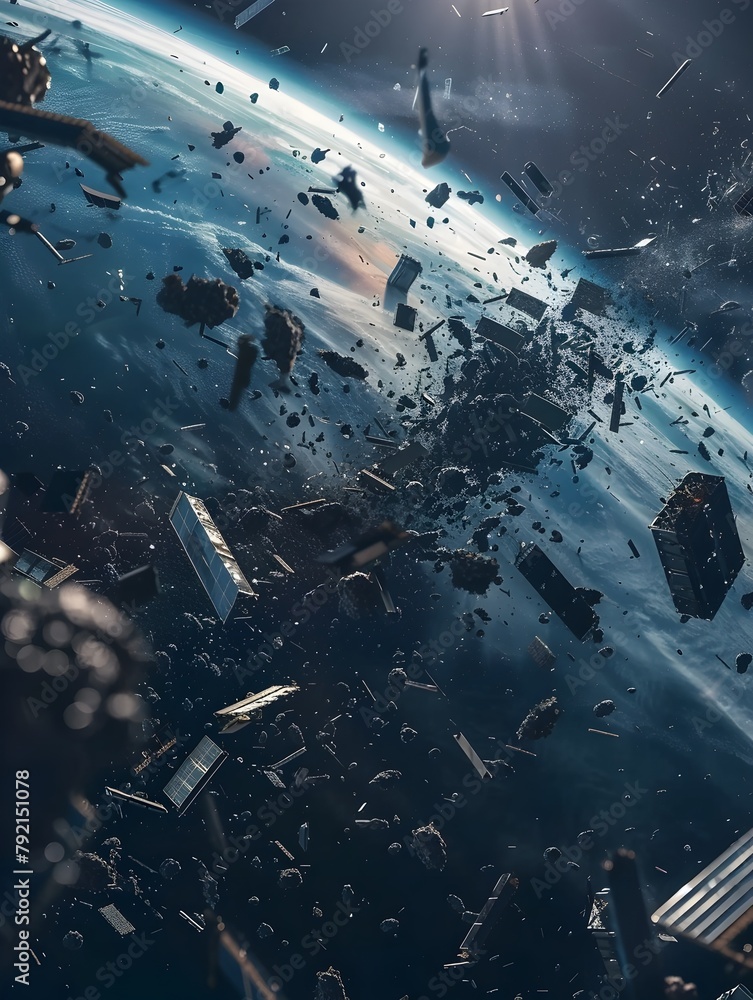 Fototapeta premium Catastrophic Space Debris Field Resulting from Extraterrestrial Collision or Explosion in Outer Space