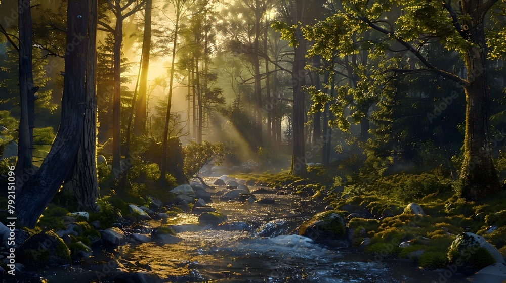 Obraz premium Enchanting Forest Stream with Glowing Sunlight Rays in Lush Wilderness Landscape
