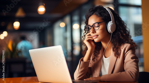 Focused Woman with Headphones Working on Laptop in a Modern Office