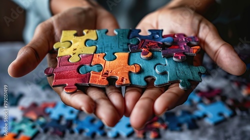 Colorful jigsaw puzzle on hand. Business solutions, success and strategy.