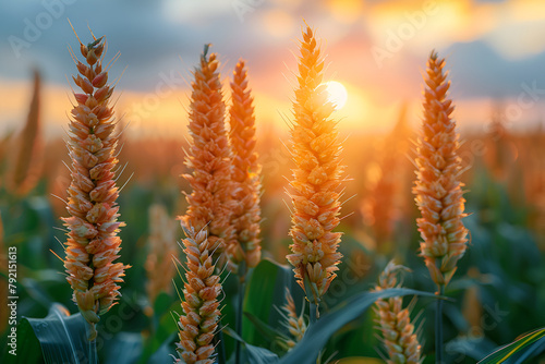 wheat field in the sunset, Beautiful Clump of Grass Wildflower with Warm Li 