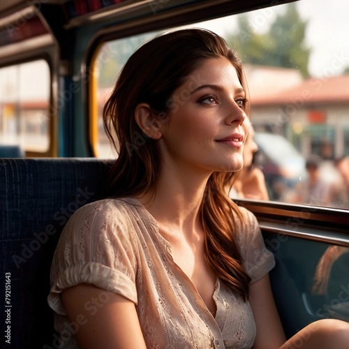 woman sitting inside bus , commuting commuter passenger travel concept