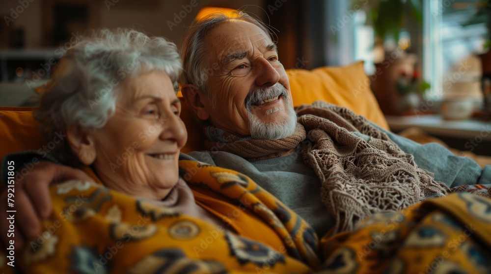 Fototapeta premium Happy romantic senior couple hugging and enjoying retirement sitting on the couch at home