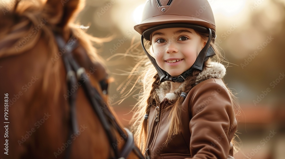 Happy girl kid at equitation lesson looking at camera riding a horse, wearing horseriding helmet Happy girl kid at equitation lesson looking at camera riding a horse, wearing horseriding helmet