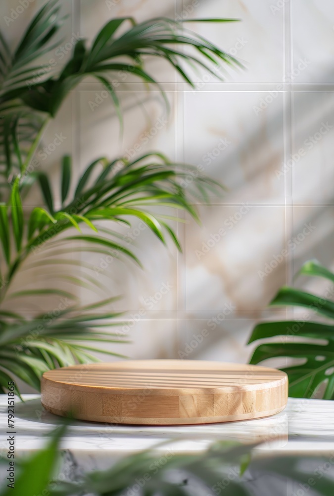Wooden Table Surrounded by Plants and White Tiled Wall