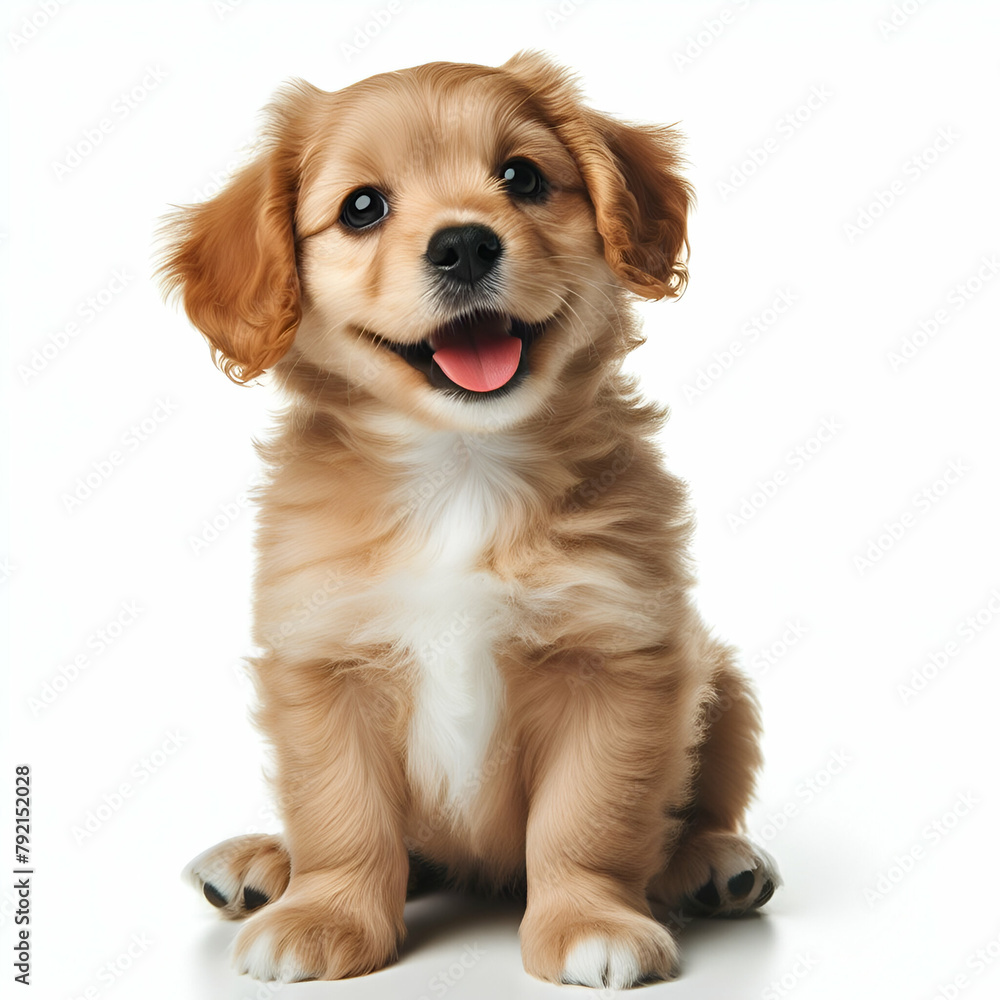 Portrait of a Cute Funny Beautiful Lovely Brown Young Happy Playful Little Dog Puppy Doggy Pet Posing Full Body Sitting Frontal Looking Upward in Studio Isolated White Background. Playing Love Breed Portrait of a Cute Funny Beautiful Lovely Brown Young Happy Playful Little Dog Puppy Doggy Pet Posing Full Body Sitting Frontal Looking Upward in Studio Isolated White Background. Playing Love Breed