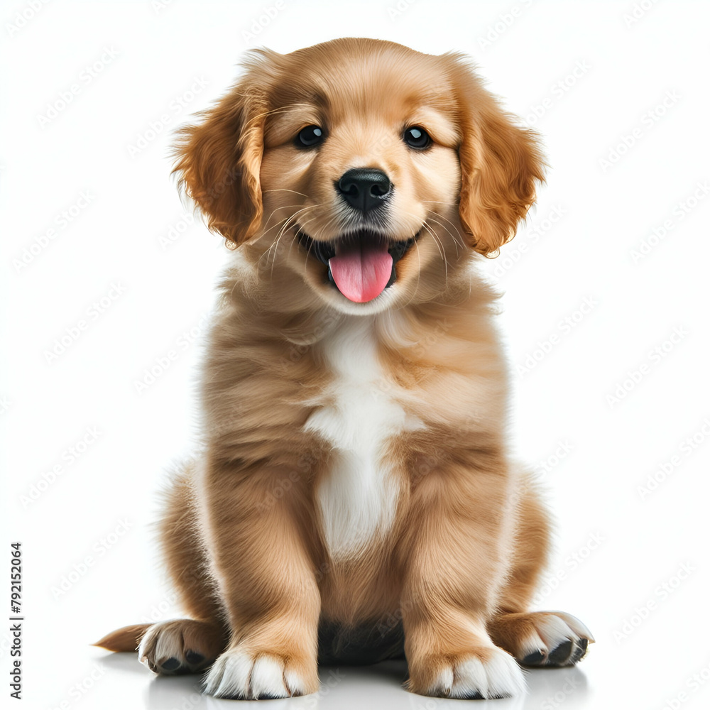 Portrait of a Cute Funny Beautiful Lovely Brown Young Happy Playful Little Dog Puppy Doggy Pet Posing Full Body Sitting Frontal Looking Upward in Studio Isolated White Background. Playing Love Breed