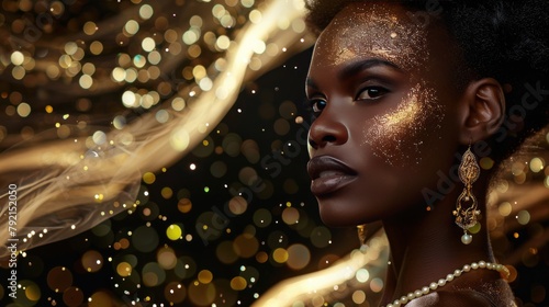 Woman in Gold Dress With Pearls