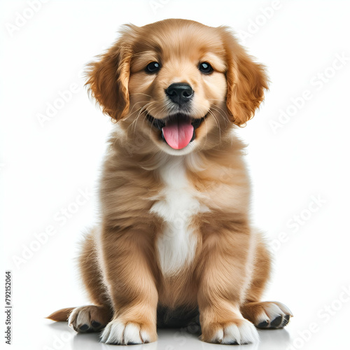 Portrait of a Cute Funny Beautiful Lovely Brown Young Happy Playful Little Dog Puppy Doggy Pet Posing Full Body Sitting Frontal Looking Upward in Studio Isolated White Background. Playing Love Breed © Frank