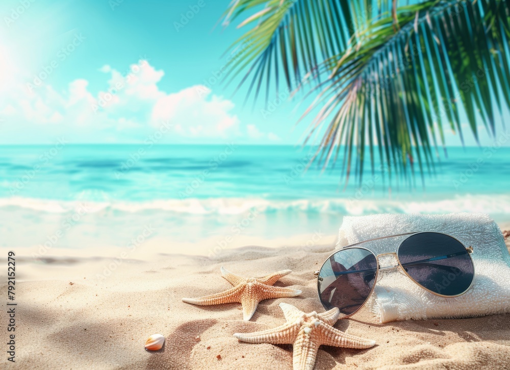 Sunglasses and Starfish on Beach