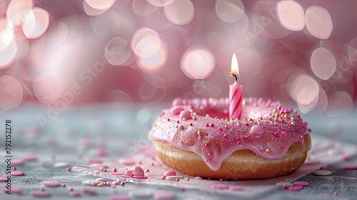 Pink Frosted Donut With Candle