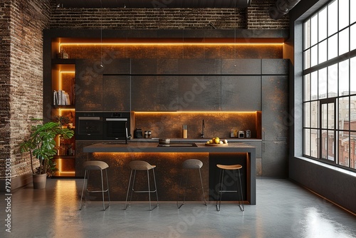 Contemporary urban loft kitchen with sleek finishes and minimalist design,. © Parvez