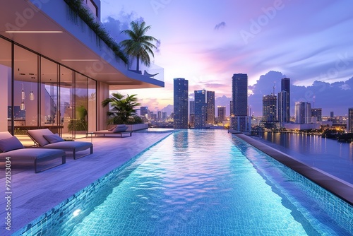 Contemporary urban rooftop pool with infinity edge and city skyline views.