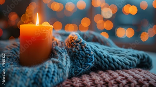 Lit Candle on Blanket