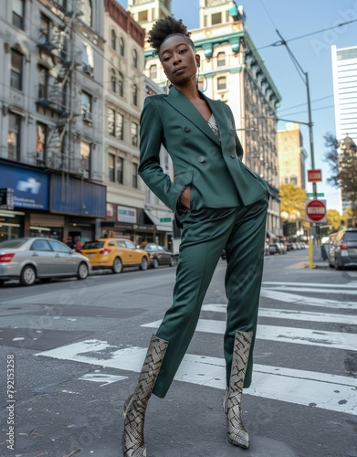 Woman in Green Suit at Street Corner