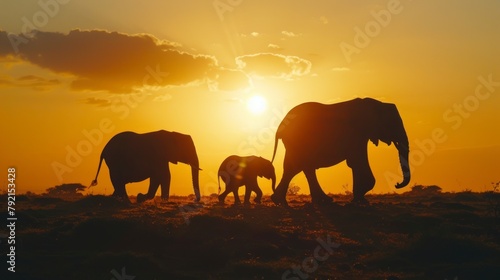 shadow of an elephant family walking with the sun in the background on a beautiful sunset in high resolution and high quality