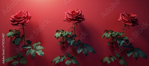 Three Red Roses on a Red Wall With Green Leaves