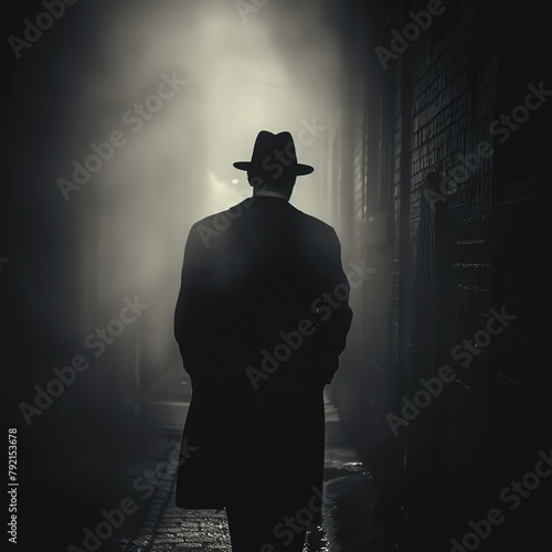 Noir-style spy lurking in the shadows of a foggy alley, vintage 1940s attire, fedora hat casting a mysterious shadow over his face, black and white cinematic tones
