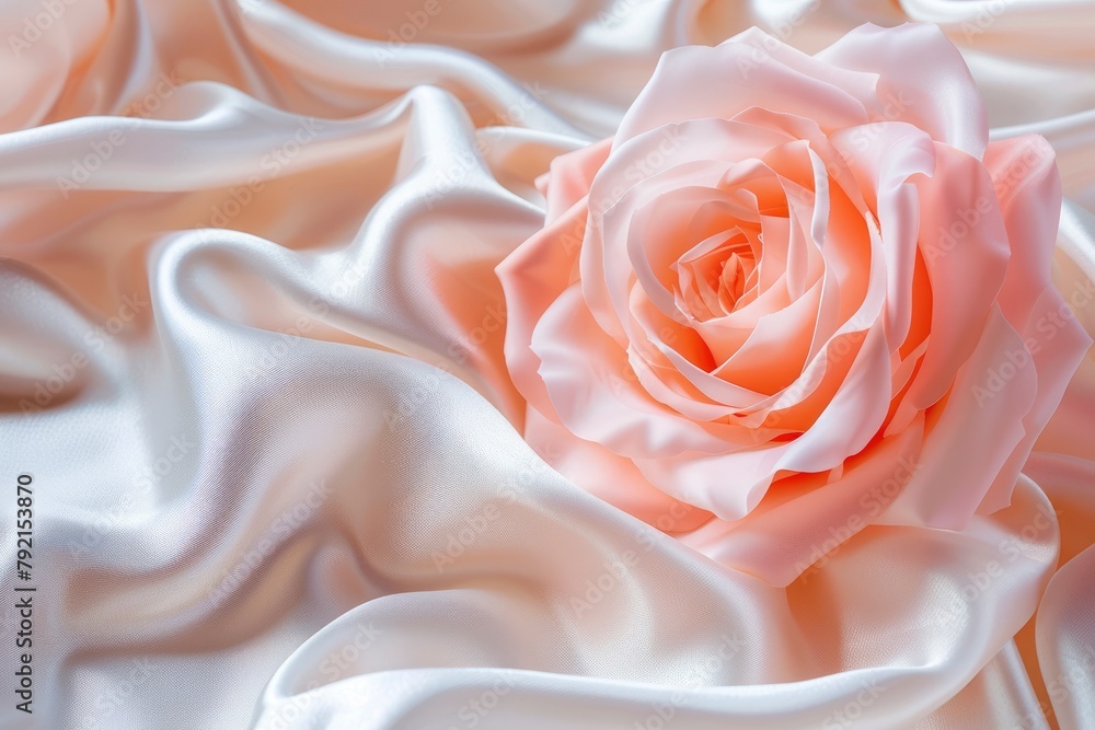 Pink rose peach white silk satin. Creases in fabric. Light luxury elegant background with space for design. Table top view, flat lay. Birthday, baby, newborn - generative ai Pink rose peach white silk satin. Creases in fabric. Light luxury elegant background with space for design. Table top view, flat lay. Birthday, baby, newborn - generative ai