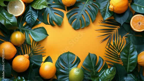 Citrus Fruits and Palm Leaves on Yellow Background