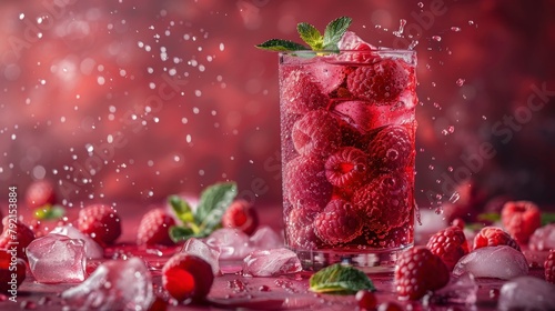 Raspberries Floating in Water Glass on Table