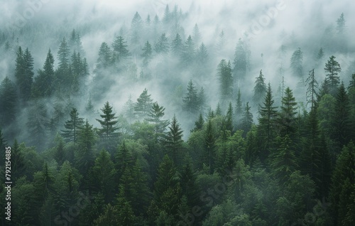 Misty Forest With Dense Trees