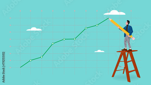 increase business performance followed by a lot of income, businessman climbing a ladder to make a financial growth graph using a pencil, Business goals as profit target achievement process
