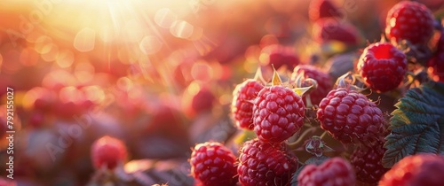 Raspberries Growing in a Field at Sunset