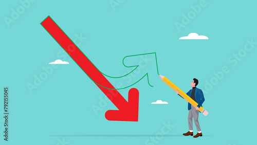 change business investment strategy to achieve business growth or career success, business investment management, businessman draws new arrows to change the direction of business strategy