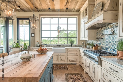 Coastal farmhouse kitchen with whitewashed cabinets and butcher block countertops,.