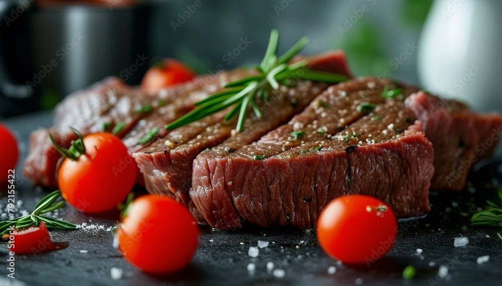 The image shows raw meat slices atop cooked beef, creating an appetizing scene akin to a homemade dish. Five small tomatoes add to its realistic, fresh appearance.