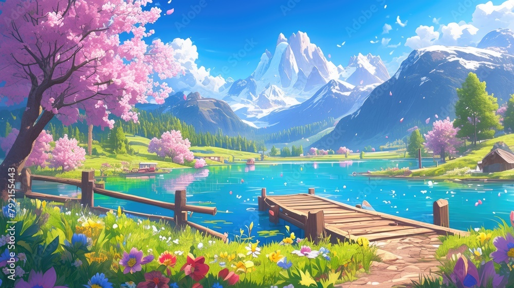 Fototapeta premium Capture the picturesque scene of pink blossoms enveloping a lakeside with a backdrop of majestic mountains This 2d cartoon illustration depicts a charming wooden pier extending over the tra