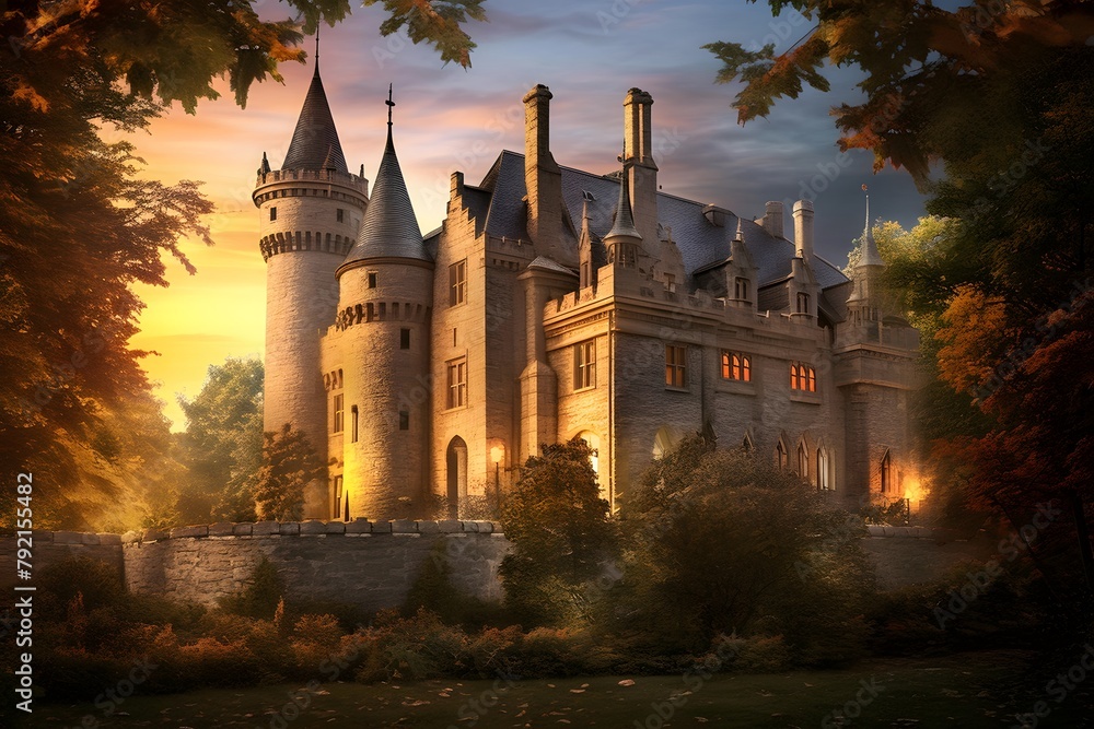 Digital painting of a beautiful castle in the middle of the forest at sunset