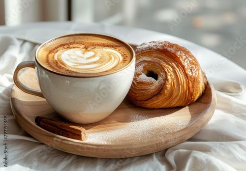 A Cup of Coffee and a Croissant on a Wooden Tray