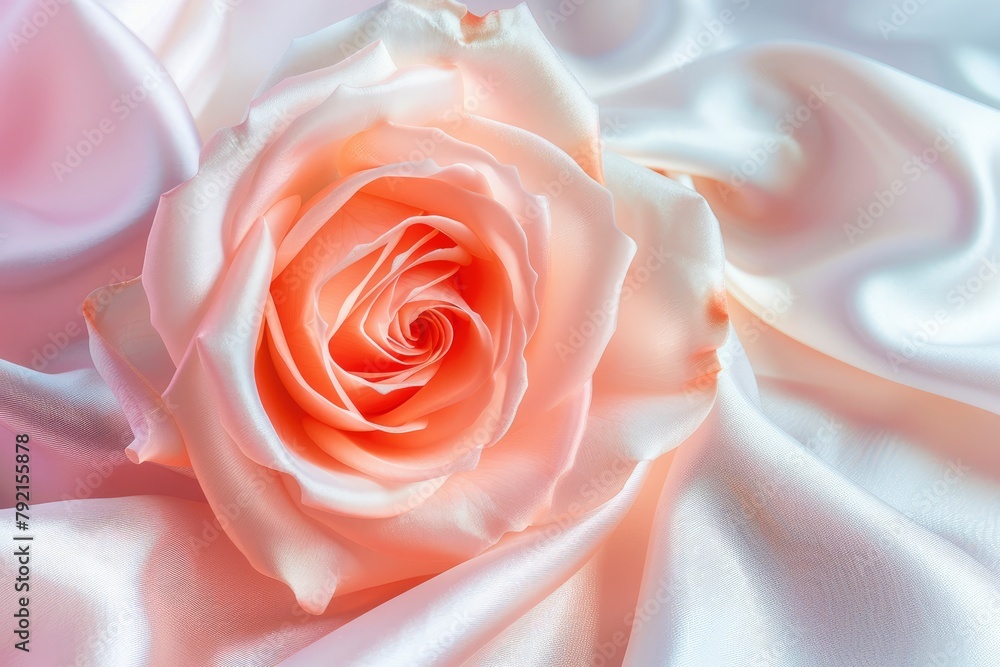 Pink rose peach white silk satin. Creases in fabric. Light luxury elegant background with space for design. Table top view, flat lay. Birthday, baby, newborn - generative ai Pink rose peach white silk satin. Creases in fabric. Light luxury elegant background with space for design. Table top view, flat lay. Birthday, baby, newborn - generative ai