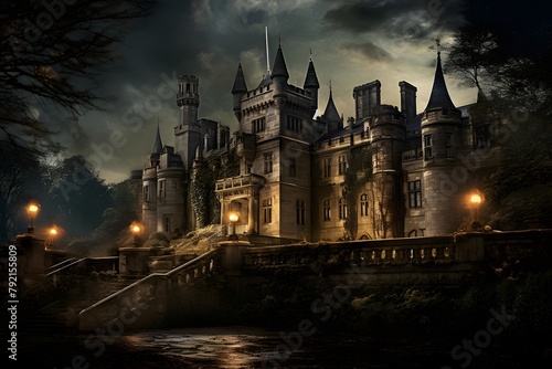 Digital painting of a castle on the banks of the river at night