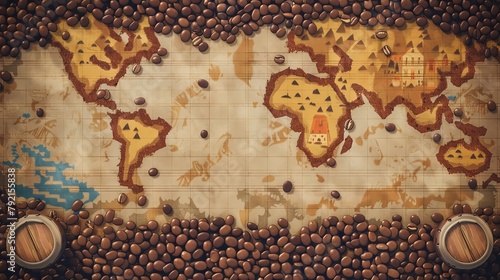 A closeup shot of coffee beans scattered across a vintage map, their rich brown color contrasting with the faded parchment, hinting at the global journey of coffee