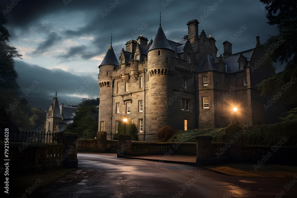 A long exposure shot of a castle in the evening with a blurred background