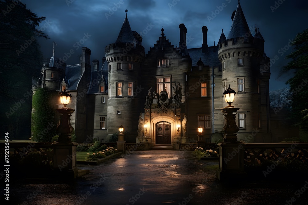 Night view of the castle at night. Panoramic image.