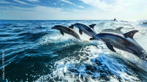 Tourists aboard a boat admiring playful dolphins leaping in the ocean, capturing unforgettable marine wildlife encounters photo