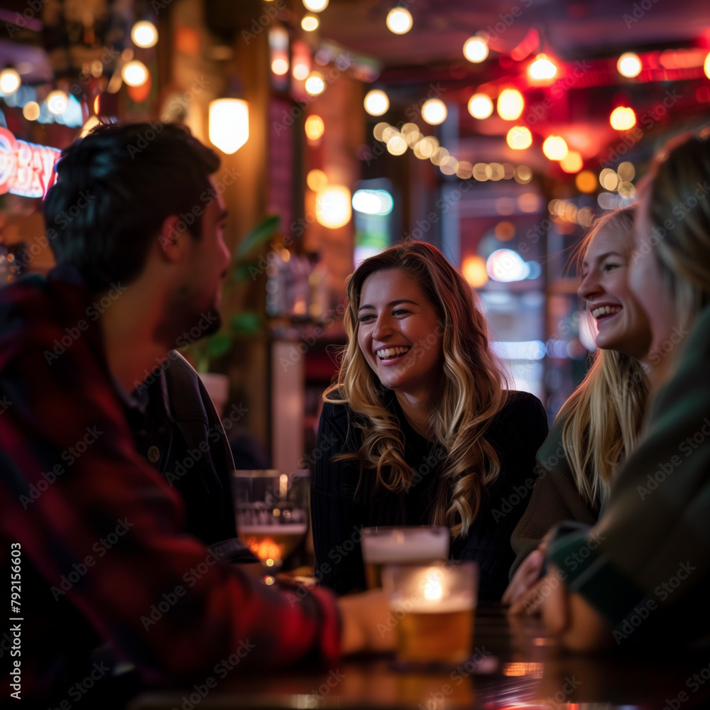 Group of young adult friends enjoy the night in the pub drinking beer and having fun together in friendship. Happy people nightlife in disco club restaurant smiling and laughing. Concept of leisure