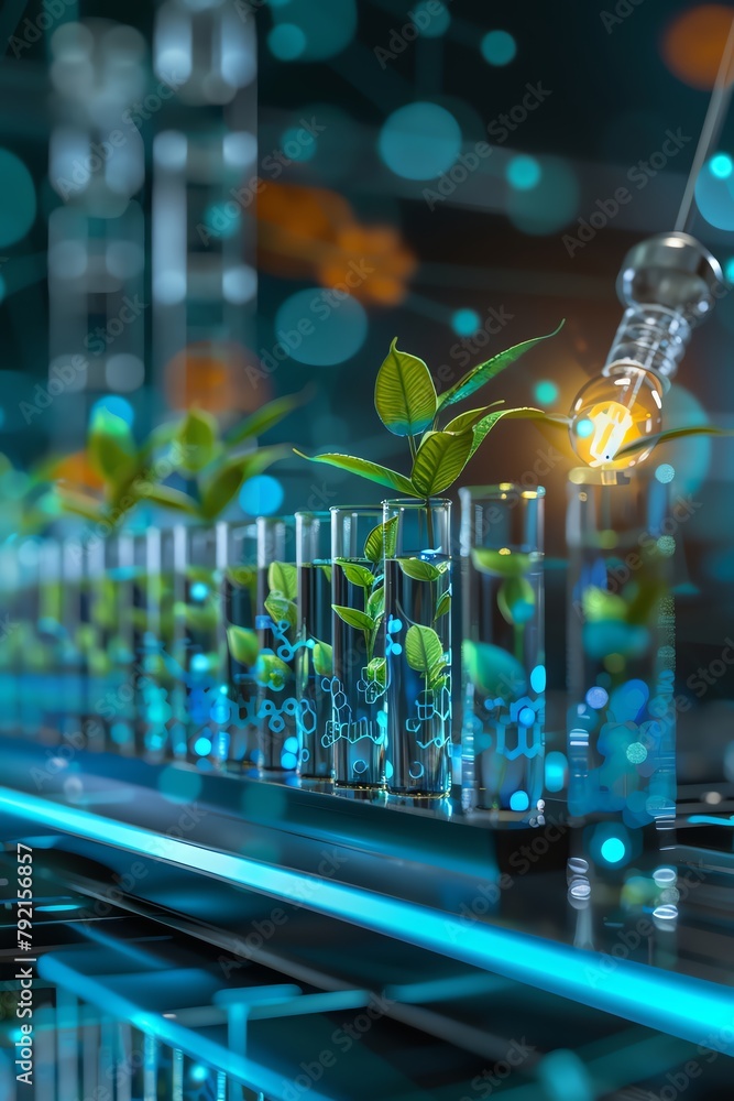 A lowangle shot of a glowing fluorescent bulb illuminating a group of test tubes containing genetically modified plants, their vibrant colors and otherworldly glow hinting at the potential of scientif A lowangle shot of a glowing fluorescent bulb illuminating a group of test tubes containing genetically modified plants, their vibrant colors and otherworldly glow hinting at the potential of scientif