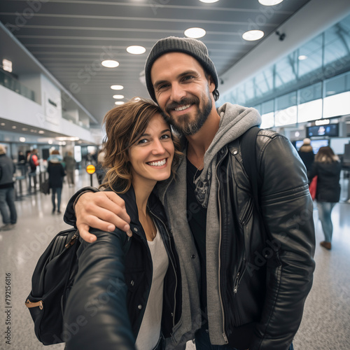 Travel concept. Couple takes selfie at airport terminal. Smiling and happy, they are waiting to leave for holiday. Lifestyle and vacation concept