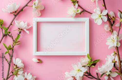 White Frame Surrounded by Pink and White Flowers