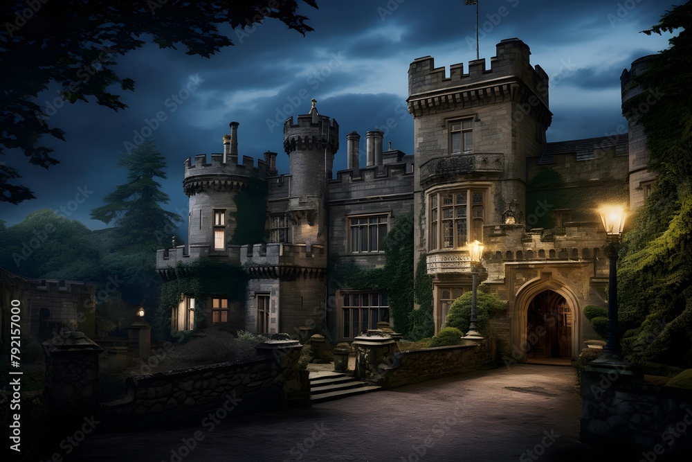 Beautiful panoramic view of a medieval castle at night.