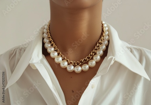 Woman Wearing White Shirt and Pearl Necklace