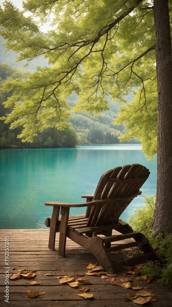 Tranquil scene unfolds, showcasing wooden adirondack chair positioned on deck beside calm, azure lake surrounded by lush greenery. Chair invites relaxation, contemplation.